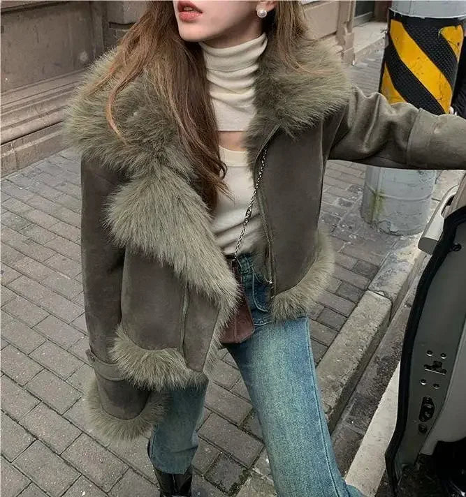 Giacca biker in pelle scamosciata donna con fodera in pelliccia sintetica – Cappotto corto casual slim fit per autunno e inverno