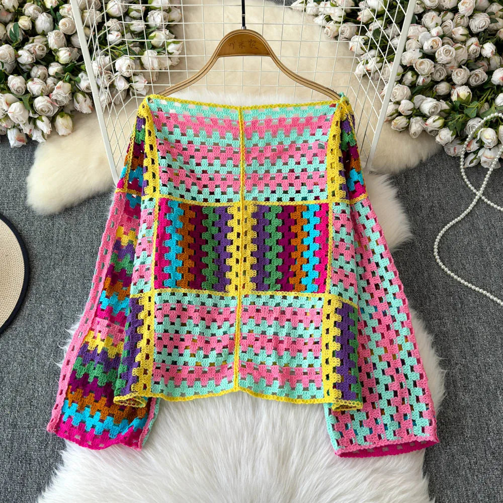 Cardigan multicolore crochet donna – Maglione traforato patchwork openwork