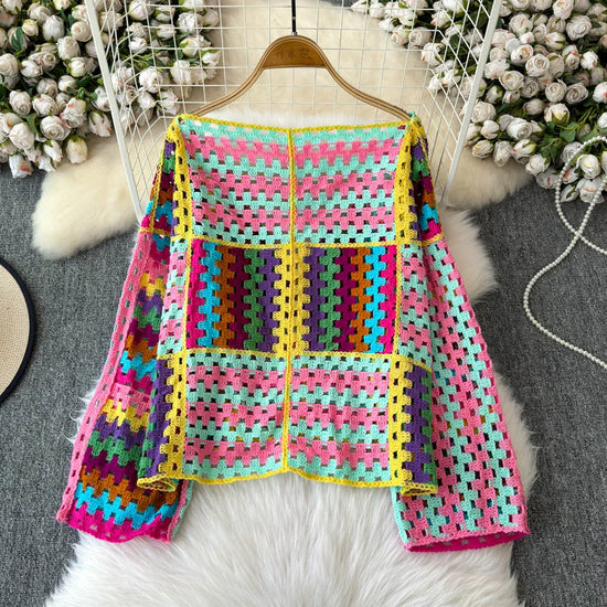 Cardigan multicolore crochet donna – Maglione traforato patchwork openwork