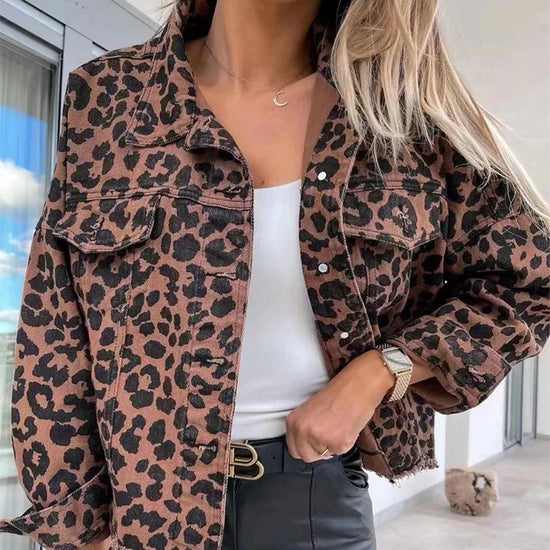 Giacca in denim donna leopard print – blazer oversize a maniche lunghe con collo a rever stile coreano primavera-autunno