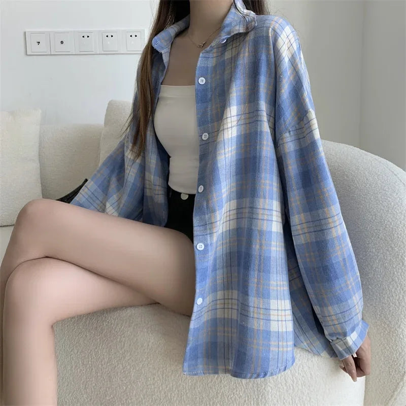 Camicia a quadri donna autunno 2025 – camicia manica lunga stile preppy vintage, taglio loose, single-breasted