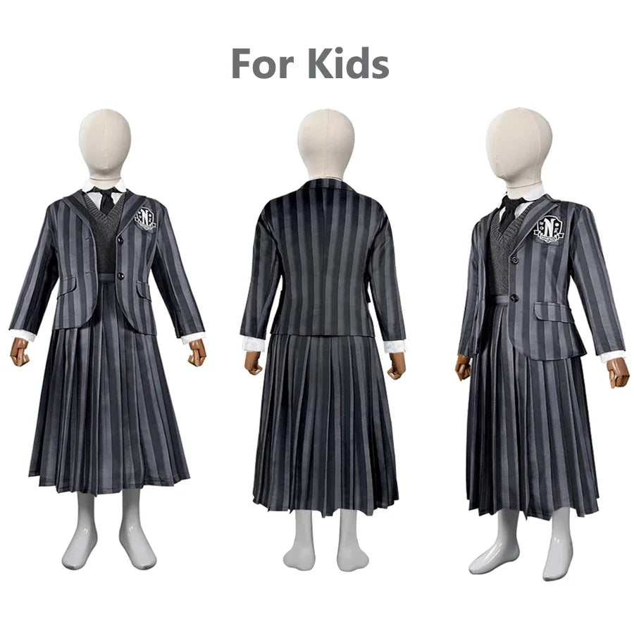 Costume università Mercoledi Addams 2025 – uniforme scolastica cosplay con giacca, gilet, gonna, perfetto per Halloween/adulti e bambini