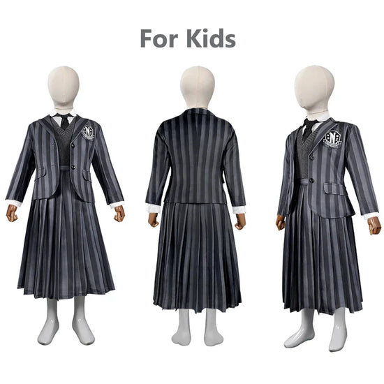 Costume università Mercoledi Addams 2025 – uniforme scolastica cosplay con giacca, gilet, gonna, perfetto per Halloween/adulti e bambini