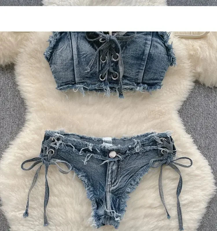 Set bikini donna 2025 con top bra e shorts a vita alta in denim