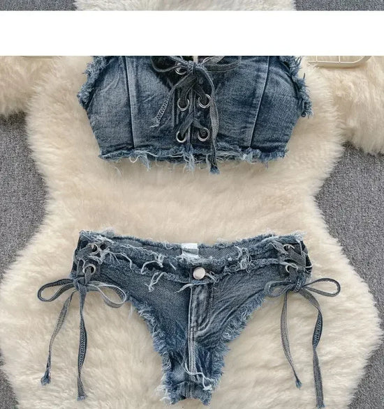 Set bikini donna 2025 con top bra e shorts a vita alta in denim