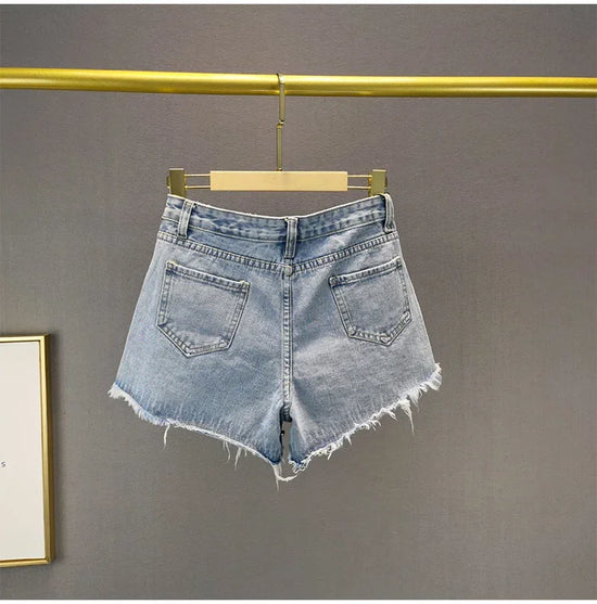 Shorts jeans donna Y2K vita alta con strass e frange – Primavera 2025