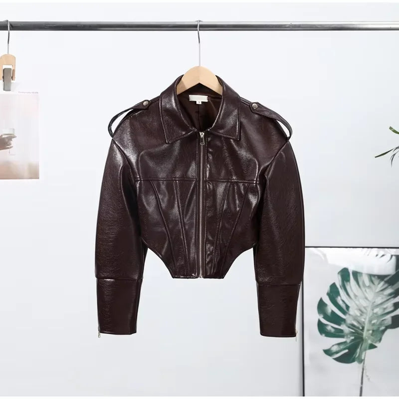 Giacca Biker Donna Effetto Pelle Lucida con Zip – Nero o Rosso