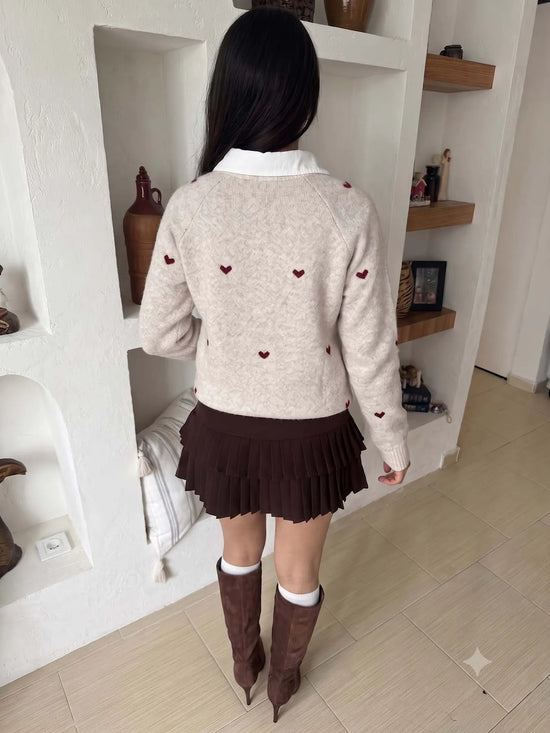 Maglione donna con cuori jacquard e maniche raglan