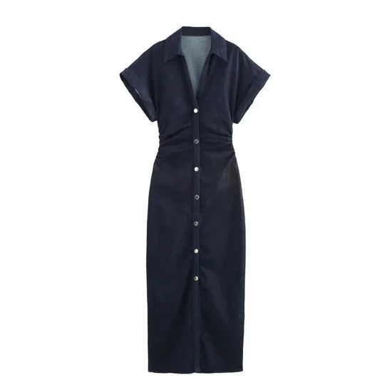 Vestito midi in denim “1975 Series” – abito donna con rever, zip laterale e vita effetto plissé