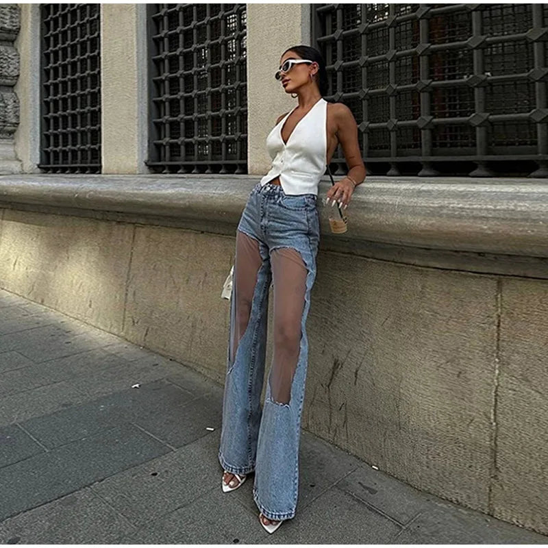 Jeans donna 2025 con pannelli mesh al ginocchio – denim hip-hop a vita alta, stile streetwear trasparente