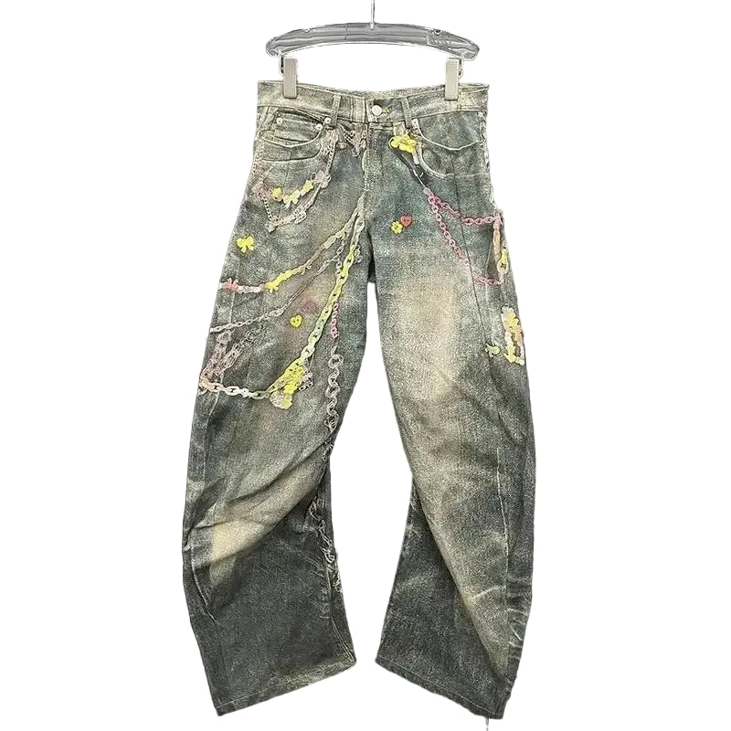 Jeans Donna Vita Alta con Stampa Catena – Denim Fashion Streetwear