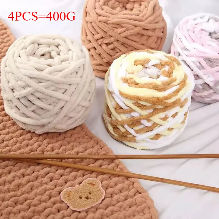 Set 4 pezzi filato chenille cotone 400 g – morbido “ice strip” per coperte, sciarpe e lavori fai-da-te