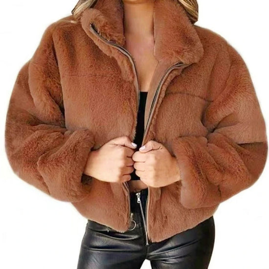 Cappotto corto donna in peluche oversize 2025 – cardigan faux fur con zip, caldo inverno cosy & fashion