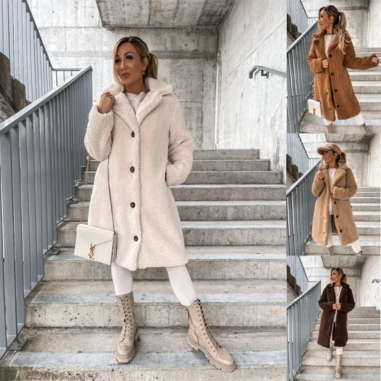 Cappotto lungo donna in fleece oversize 2025 – stile plus-size, caldo e raffinato per autunno/inverno