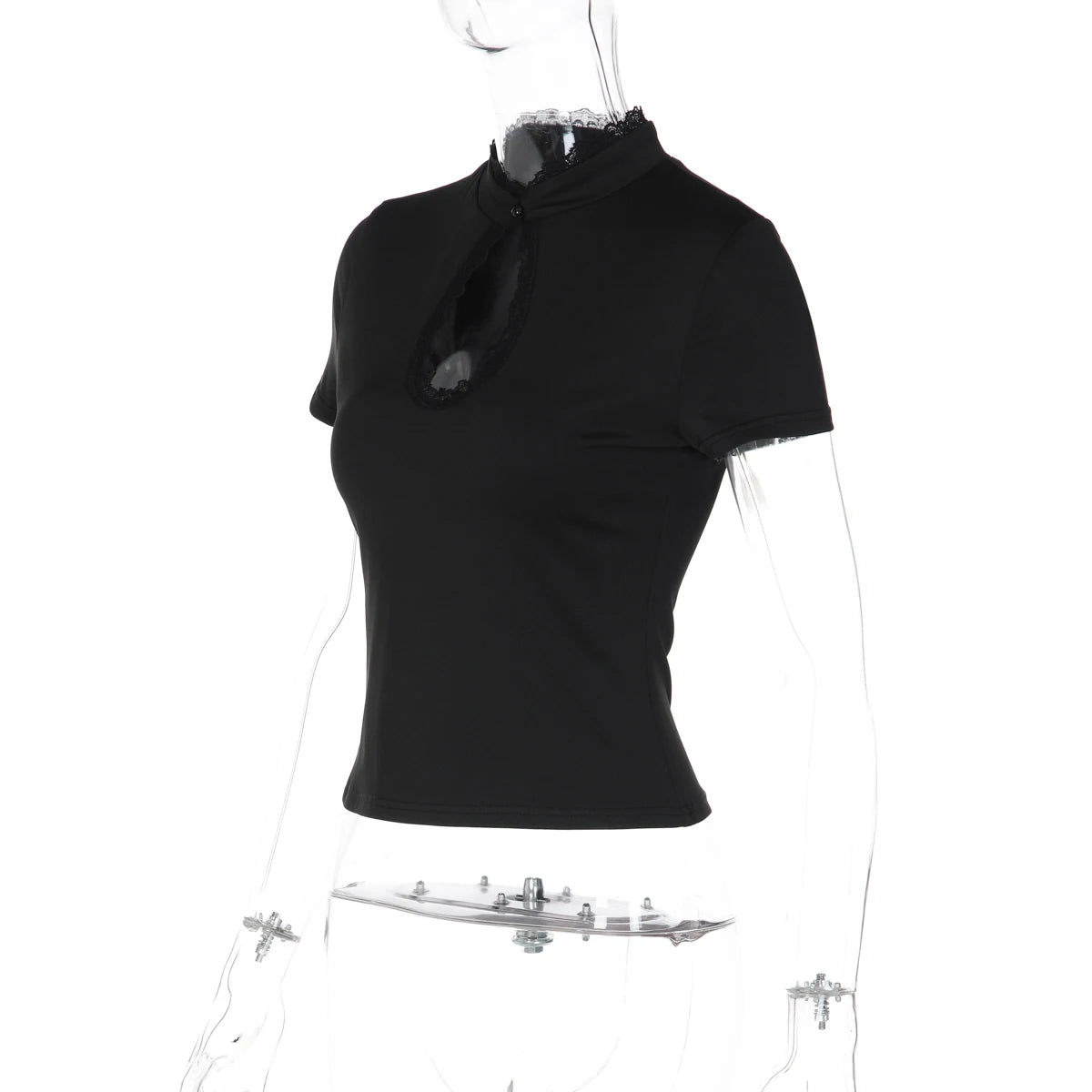 Dulzura O-Neck Short Sleeve Hollow Out Lace Ruffle Patchwork T-Shirt Women'S Solid Sexy Casual Y2K Top Party Club Street Clothes