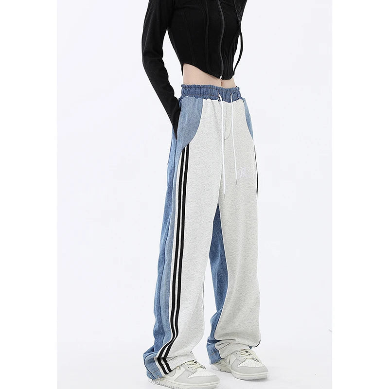 Pantaloni wide leg spliced donna – modello vita alta elasticizzata con tasche a contrasto, pantaloni larghi casual