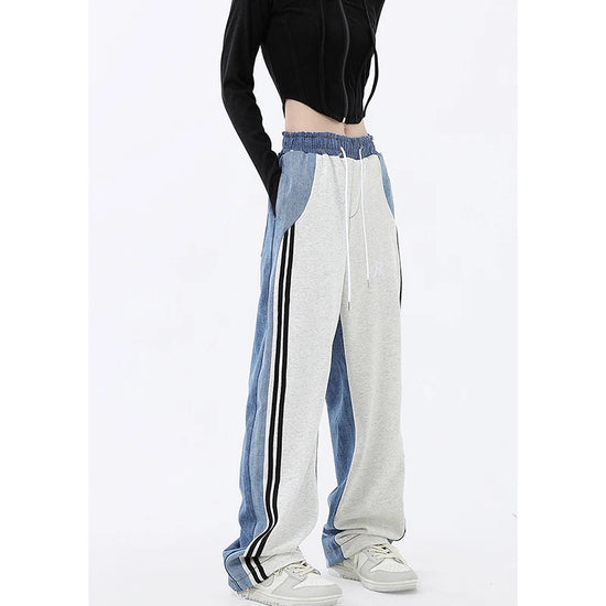 Pantaloni wide leg spliced donna – modello vita alta elasticizzata con tasche a contrasto, pantaloni larghi casual