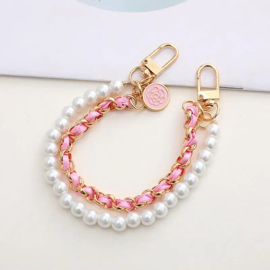 Portachiavi elegante doppio strato con perle + catena in pelle - accessorio fashion bag charm 2025