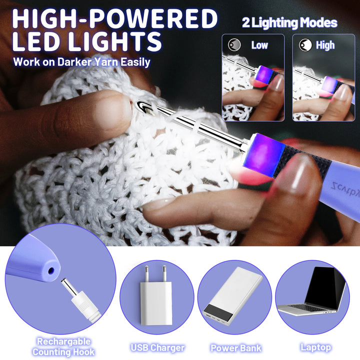 Set Uncinetti Luminosi 12 pezzi con Contatore e Punte Intercambiabili – Kit Crochet Ergonomico per Principianti