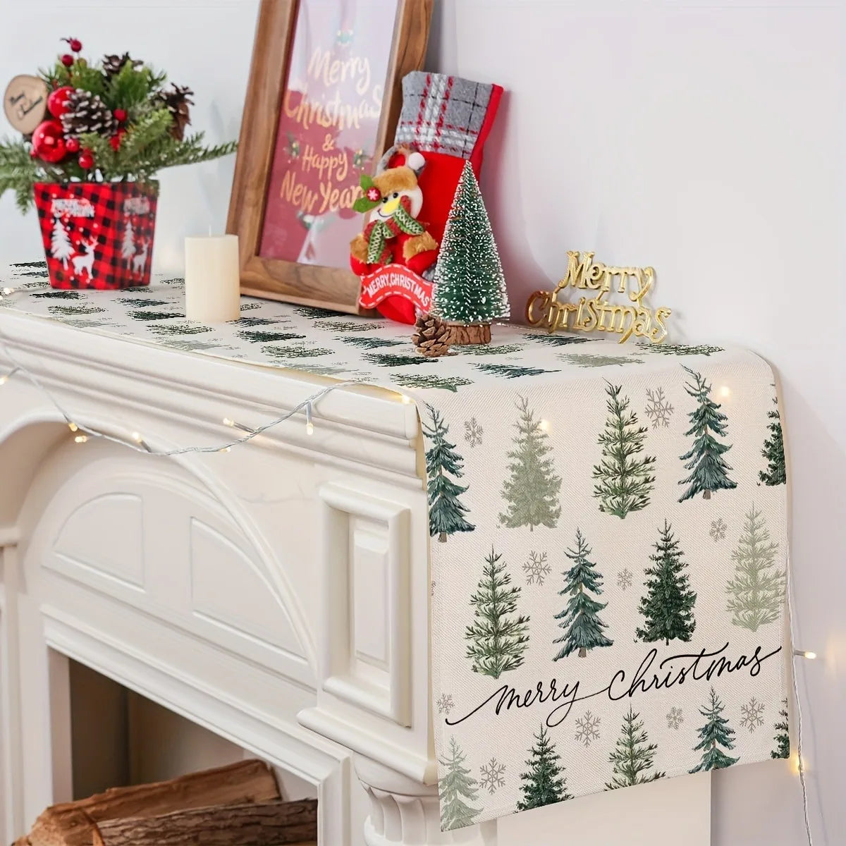 Runner da tavola natalizio rettangolare rosso – decorazione tavolo 33×183 cm con alberi di Natale e fiocchi di neve per feste e cene