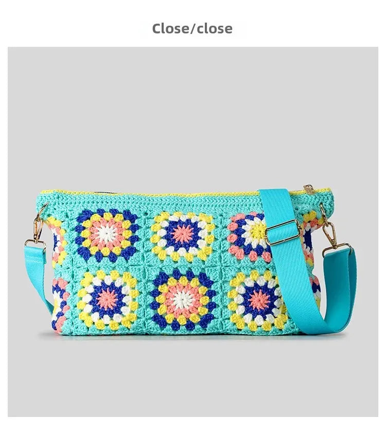 Borsa a tracolla in cotone uncinetto traforato – shoulder bag artigianale floreale con zip, stile boho