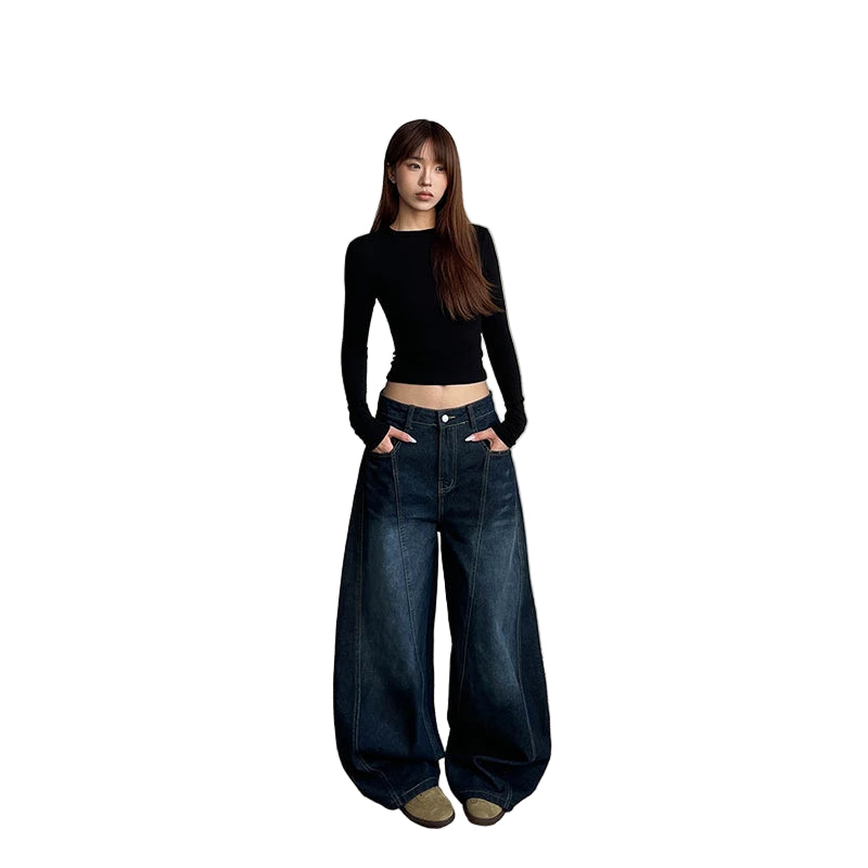 Jeans baggy wide leg donna Y2K – modello retrò vita alta in denim blu oversize 2025