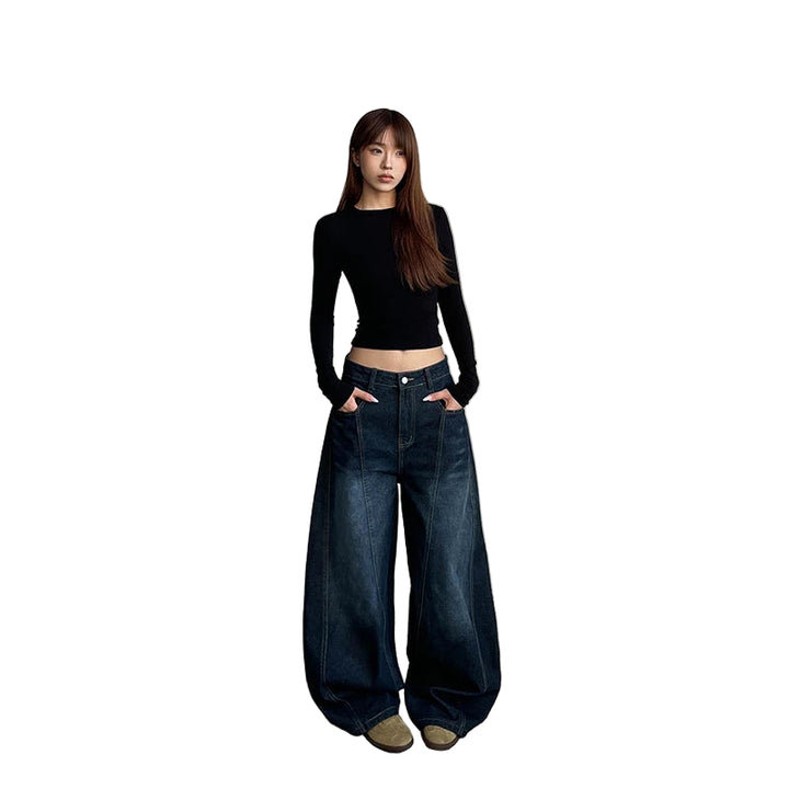 Jeans baggy wide leg donna Y2K – modello retrò vita alta in denim blu oversize 2025