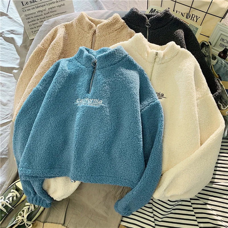 Felpa donna in pile con collo alto, zip e coulisse