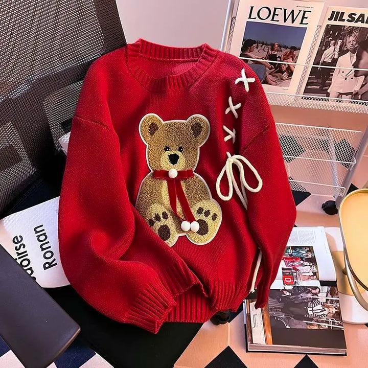 Pullover da donna – Maglione girocollo con orso, taglio loose knit autunno/inverno