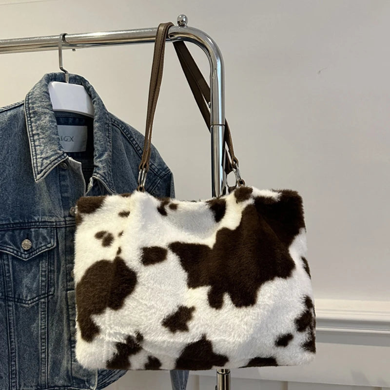 Borsa in Ecopelliccia Donna Animalier Mucca – Grande Capacità a spalla
