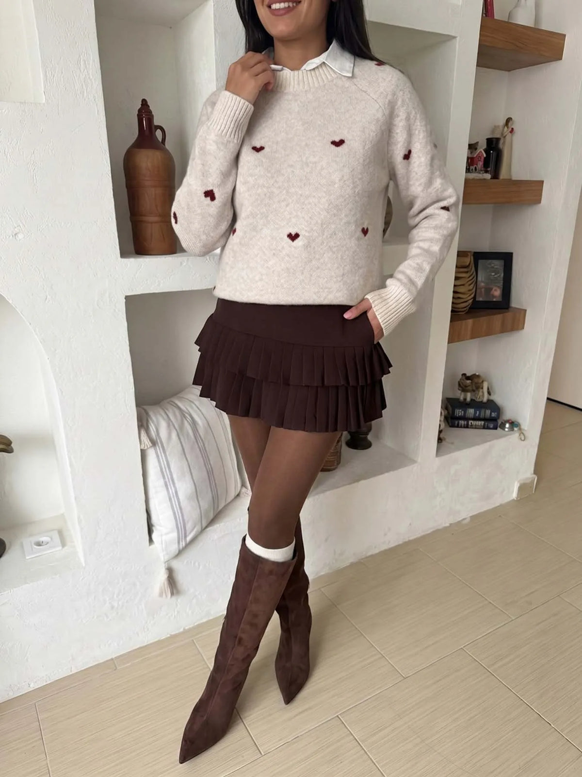 Maglione donna con cuori jacquard e maniche raglan