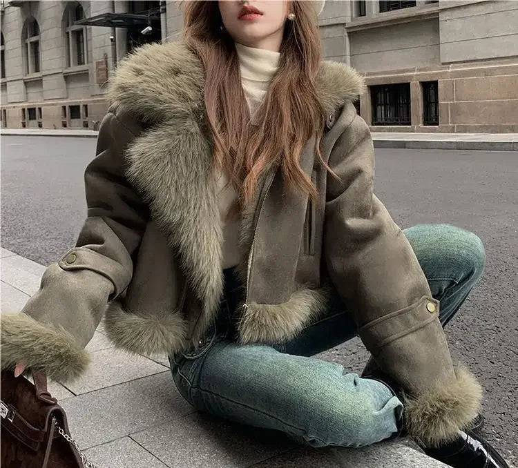 Giacca biker in pelle scamosciata donna con fodera in pelliccia sintetica – Cappotto corto casual slim fit per autunno e inverno