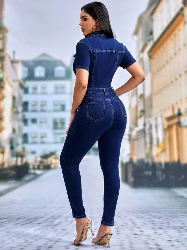 Jeans salopette skinny donna 2025 ‒ denim stretch blu con bottoni, jumpsuit casual con colletto a rever
