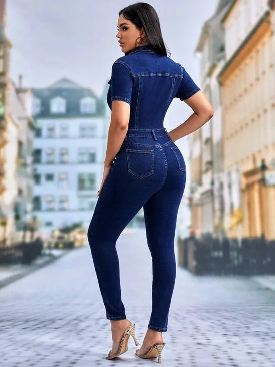 Jeans salopette skinny donna 2025 ‒ denim stretch blu con bottoni, jumpsuit casual con colletto a rever