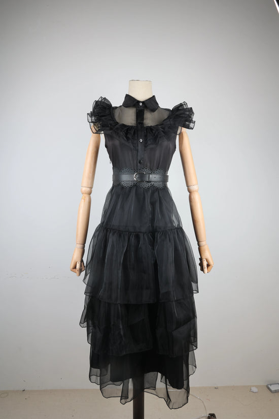 Costume Halloween Wednesday Addams 2025 ‒ abito nero elegante con pizzo & cut-out per party e role play