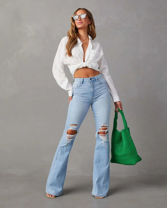 Jeans Donna Vita Alta Flare Ankle con Tasche & Strappi – Denim Loose Fit