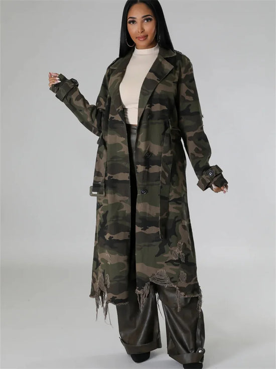 Trench camouflage oversize da donna | stile streetwear, lungo e ripped – taglie S-2XL