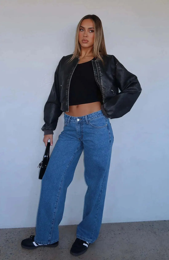Jeans donna vita alta gamba larga stile retrò americano – pantaloni dritti casual chic