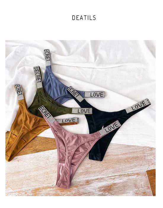 Perizoma sportivo donna con strass e scritta sexy – Intimo G-string vita alta in microfibra elasticizzata