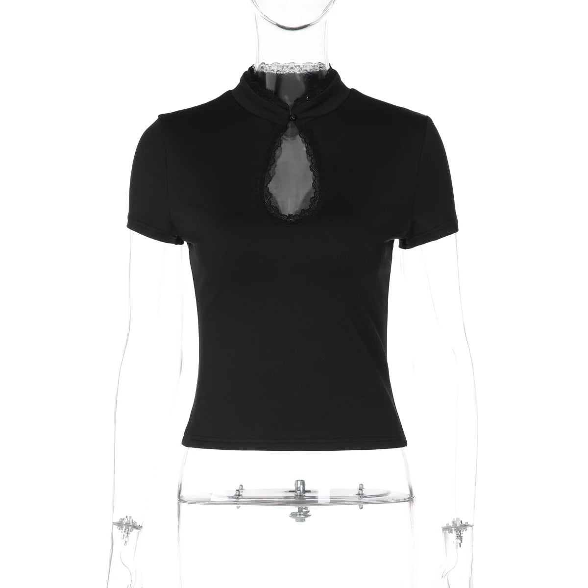 Dulzura O-Neck Short Sleeve Hollow Out Lace Ruffle Patchwork T-Shirt Women'S Solid Sexy Casual Y2K Top Party Club Street Clothes