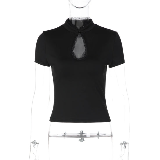 Dulzura O-Neck Short Sleeve Hollow Out Lace Ruffle Patchwork T-Shirt Women'S Solid Sexy Casual Y2K Top Party Club Street Clothes