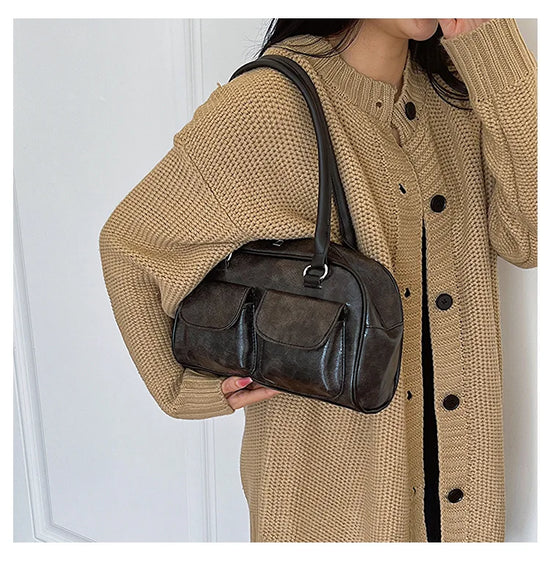 Borsa baguette donna retrò con doppie tasche frontali – trendy piccola underarm per il 2025