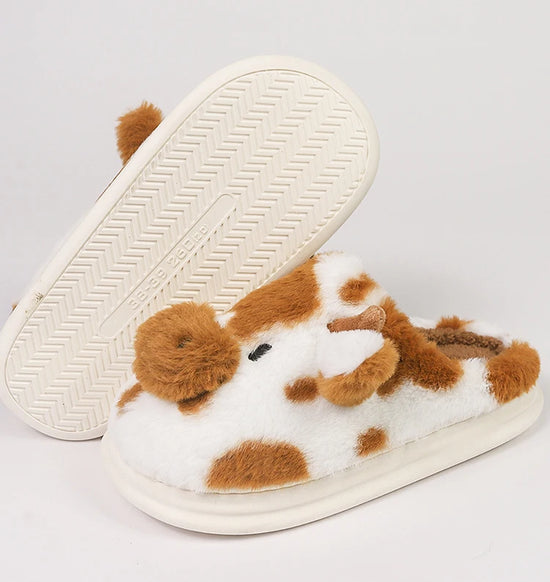 Casual Fluffy Slippers Women House Cute Cartoon Cow Designer Shoes Girl Flat Fashion Elegant Plush Winter Platform Footwear Home