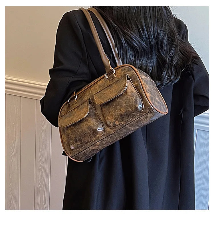 Borsa baguette donna retrò con doppie tasche frontali – trendy piccola underarm per il 2025