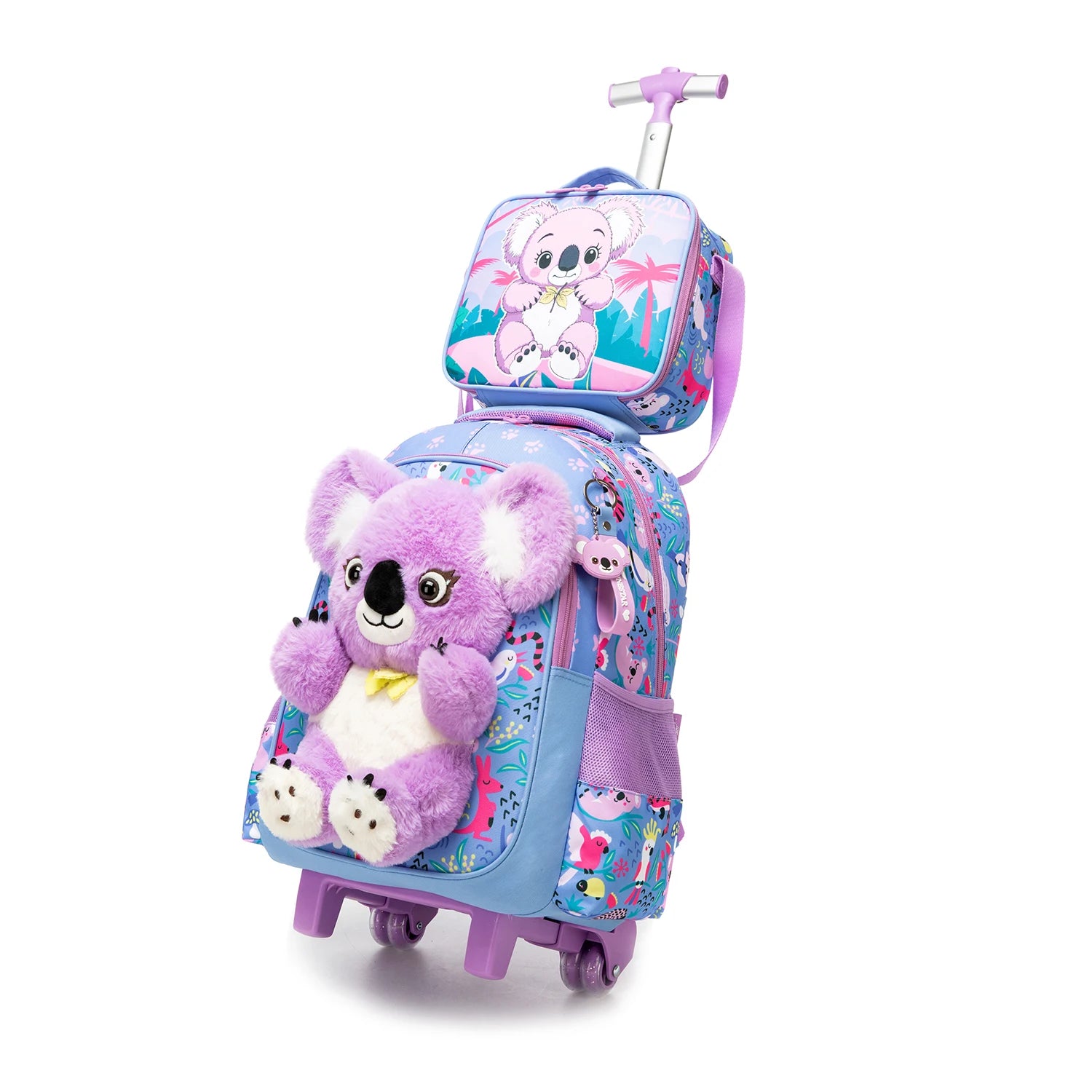 Girls 3D Plush Cat Rolling Backpack 3PCS Set - Waterproof Trolley School Bag with Wheels, Insulated Lunch Bag and Pencil Pouch -
