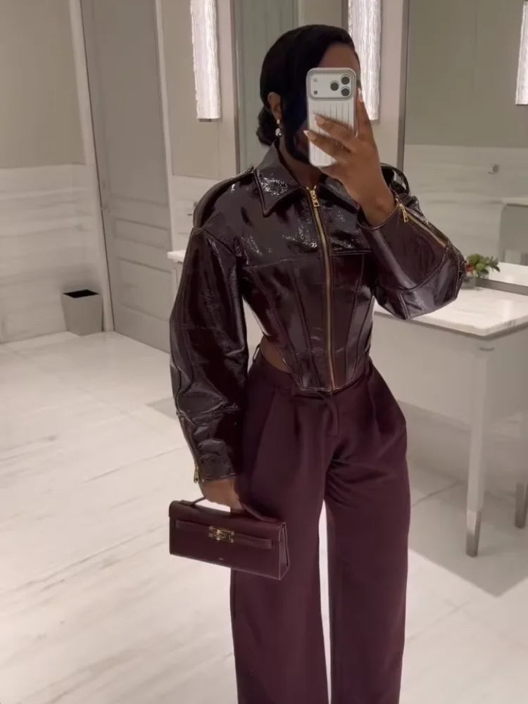 Giacca Biker Donna Effetto Pelle Lucida con Zip – Nero o Rosso