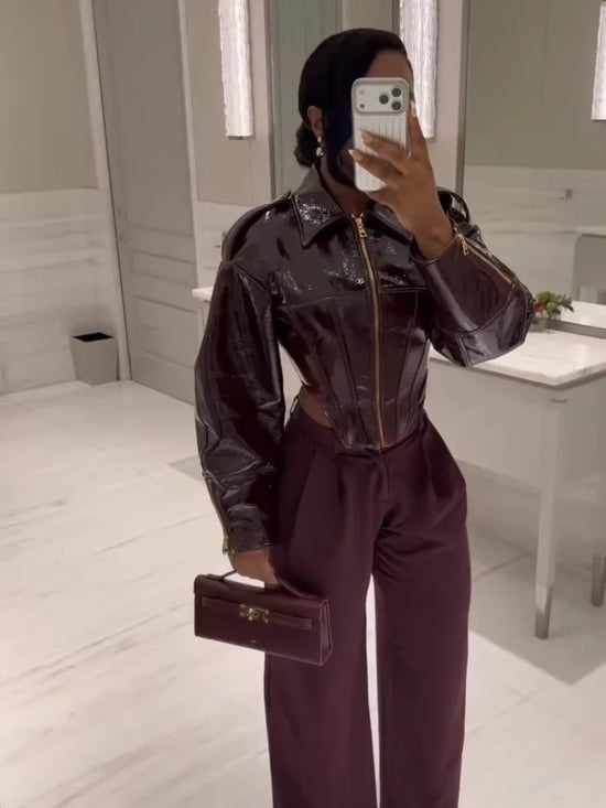Giacca Biker Donna Effetto Pelle Lucida con Zip – Nero o Rosso