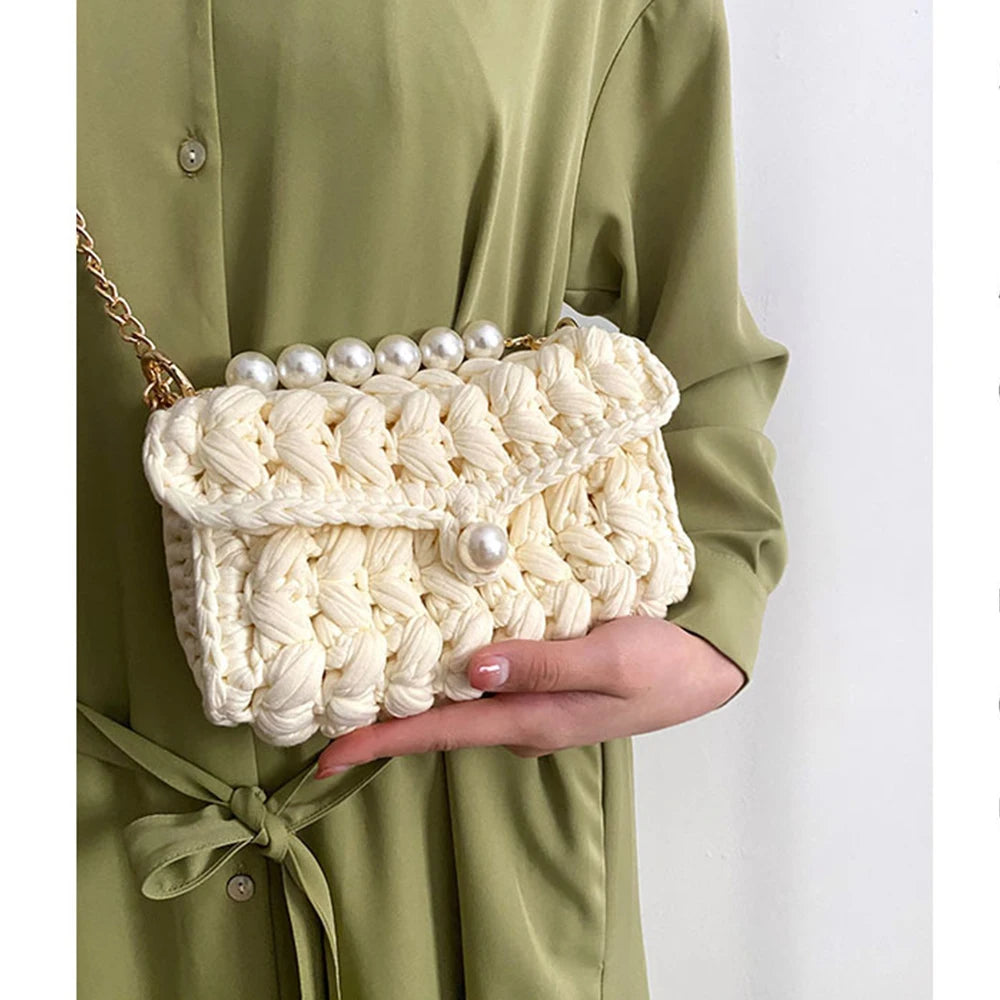 Borsa Donna Crochet a Spalla Uncinetto con Perle e Catena – Design Crossbody