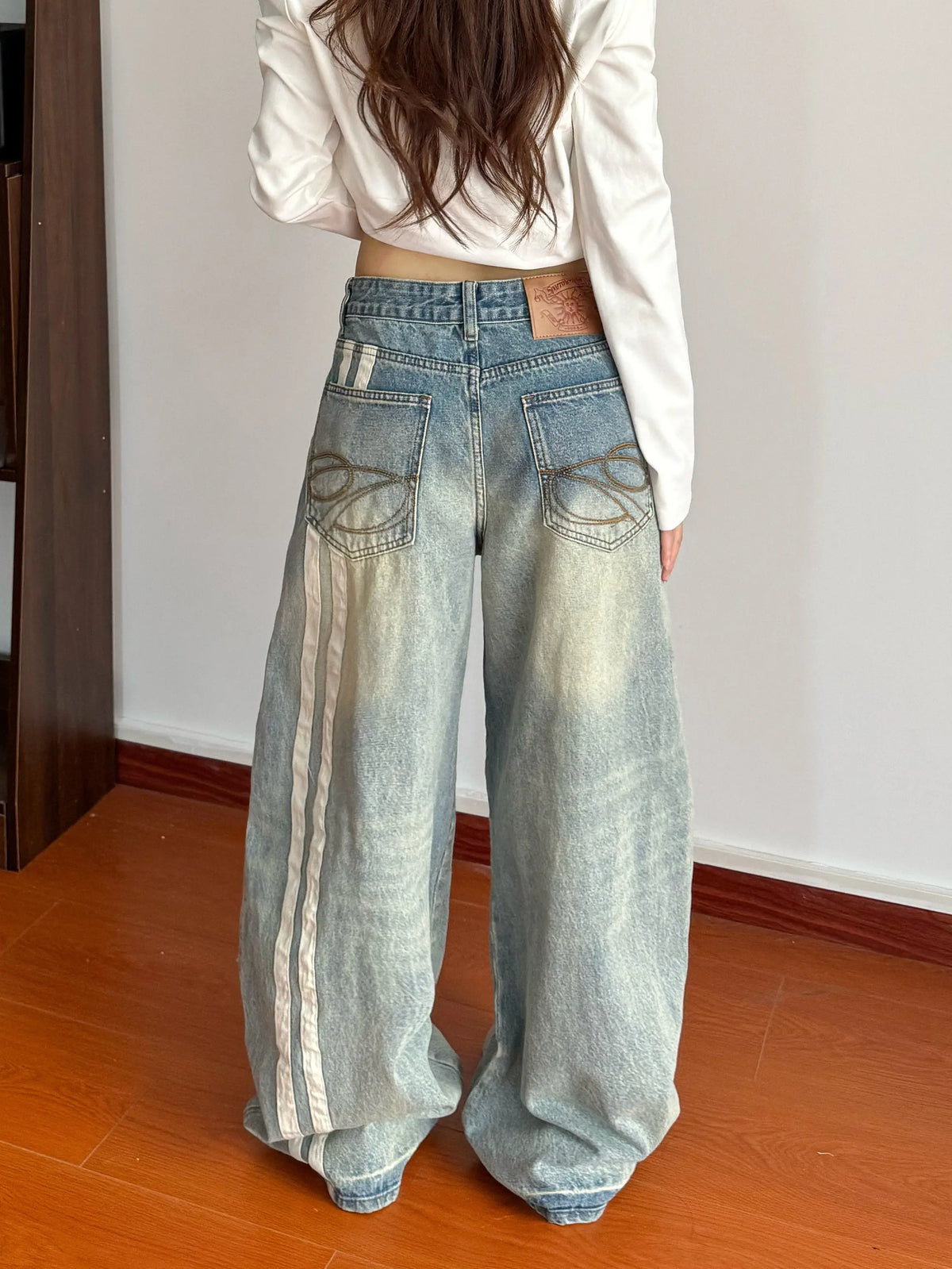 Jeans Baggy Donna Patchwork a Righe Vita Alta - dettaglio prodotto
