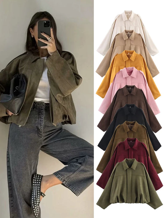 Bomber donna effetto camoscio con zip e colletto - foto 1 della galleria